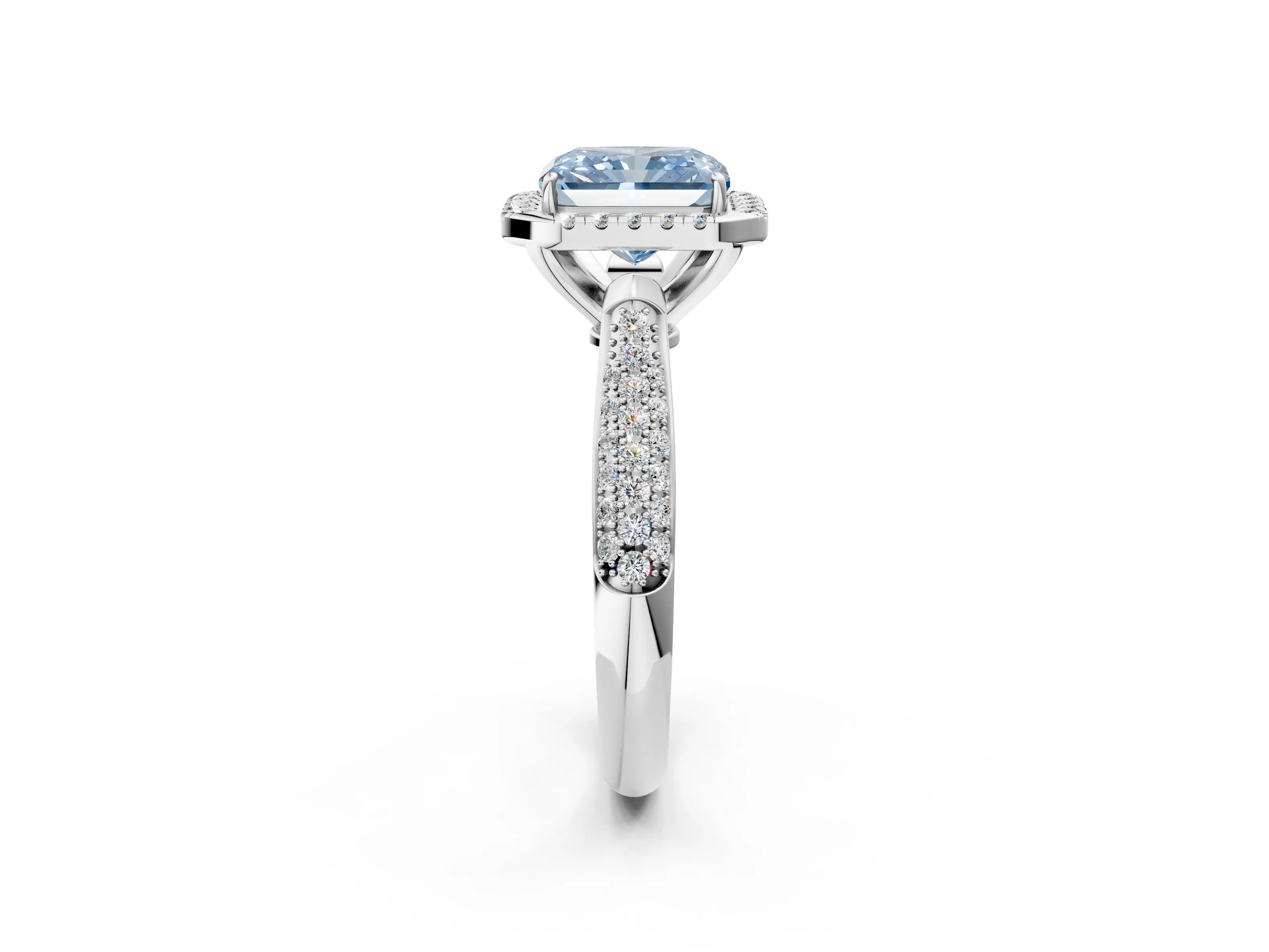 White gold Fancy Blue Radiant Cut Halo Diamond Ring with Pavé Band_2
