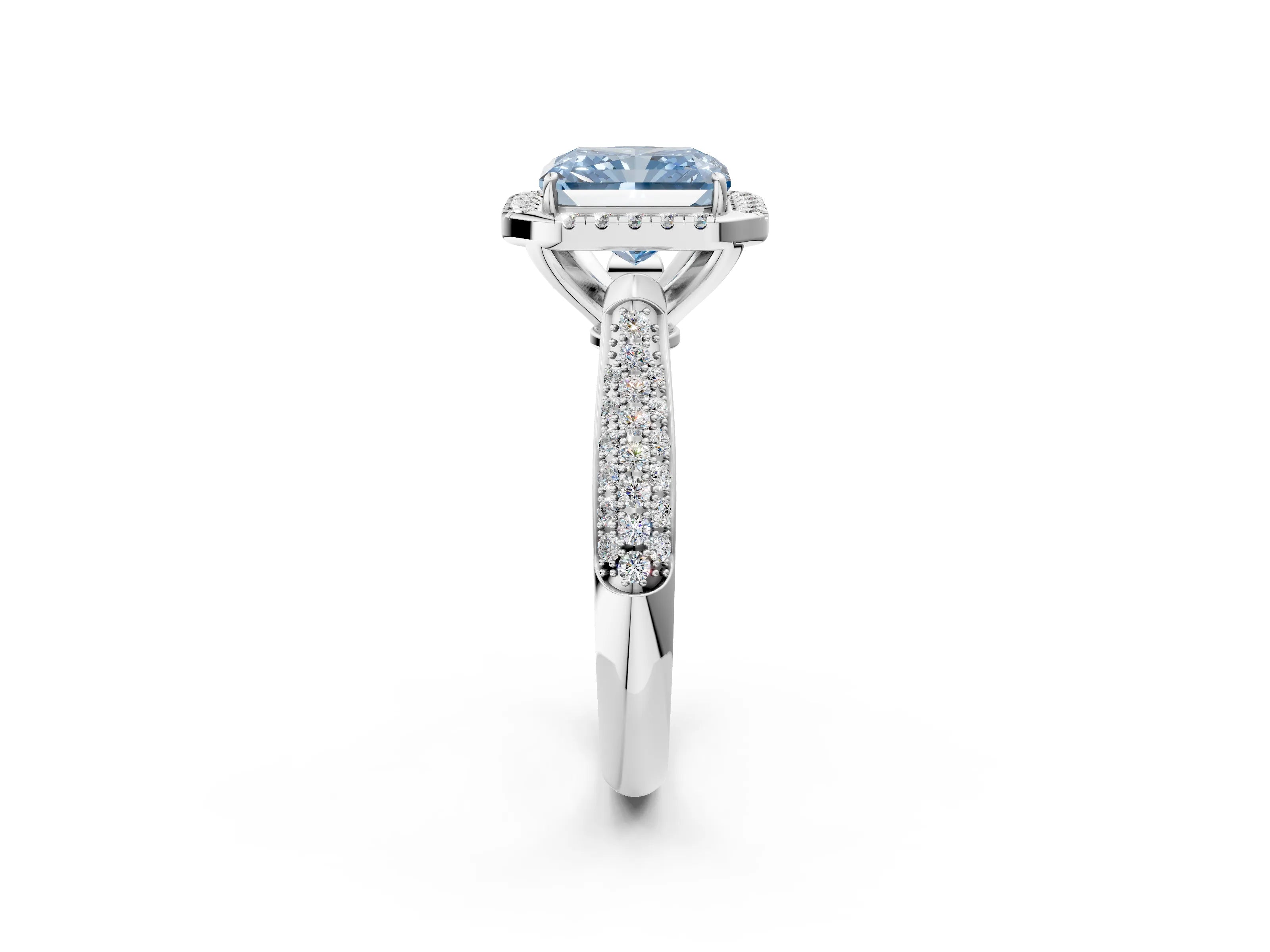 White gold Fancy Blue Radiant Cut Halo Diamond Ring with Pavé Band_38