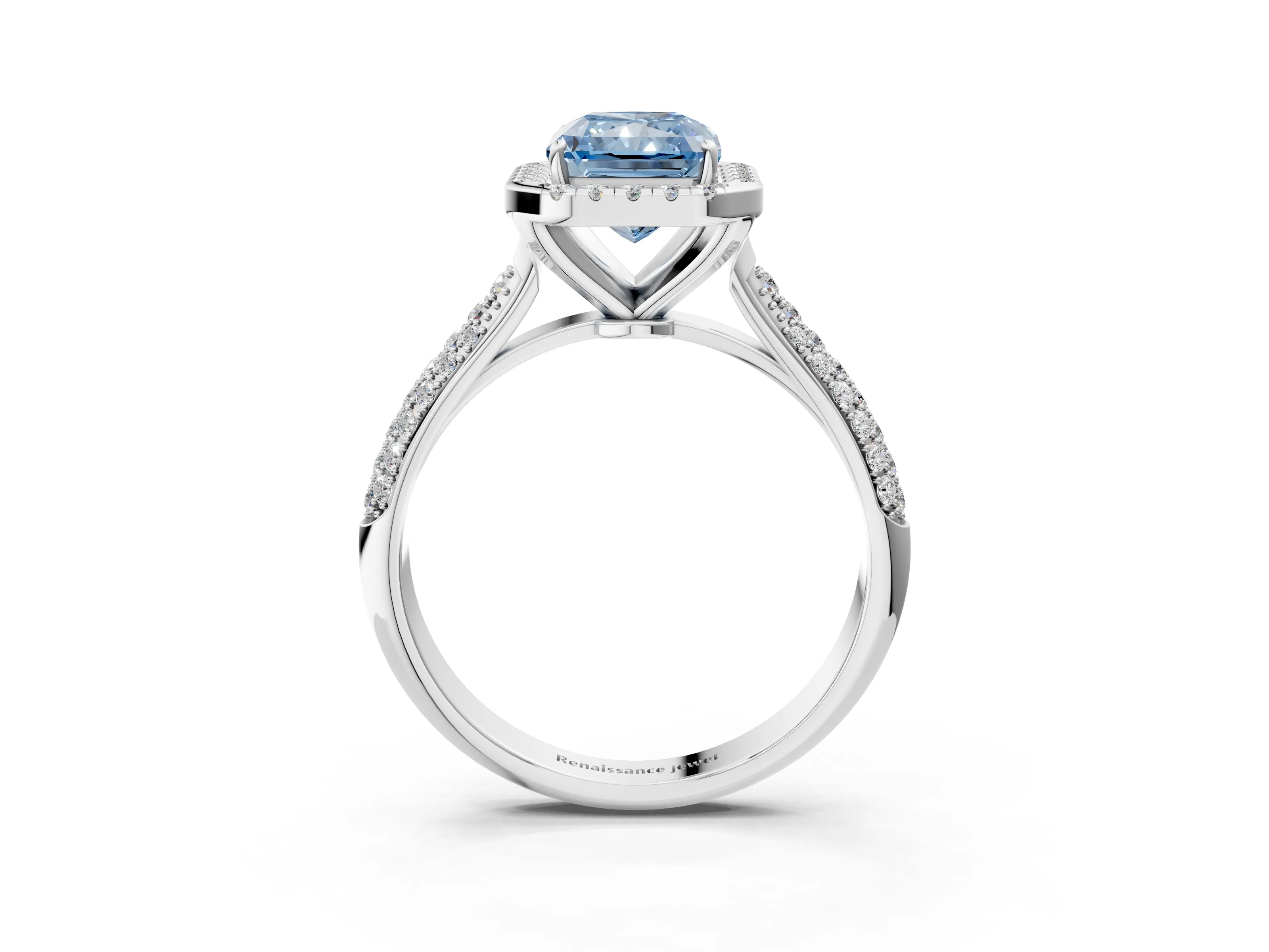 White gold Fancy Blue Radiant Cut Halo Diamond Ring with Pavé Band_39