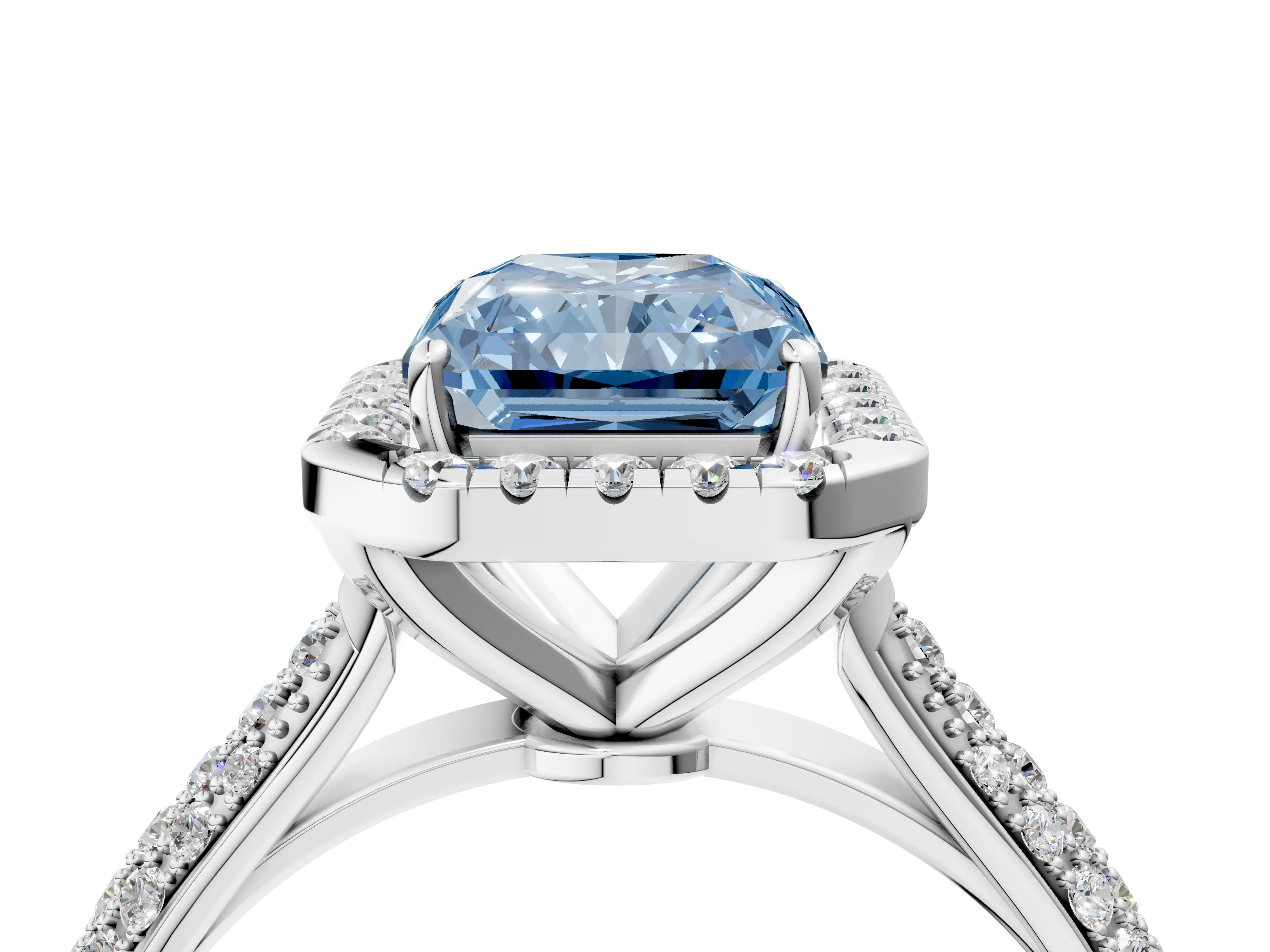 White gold Fancy Blue Radiant Cut Halo Diamond Ring with Pavé Band_40