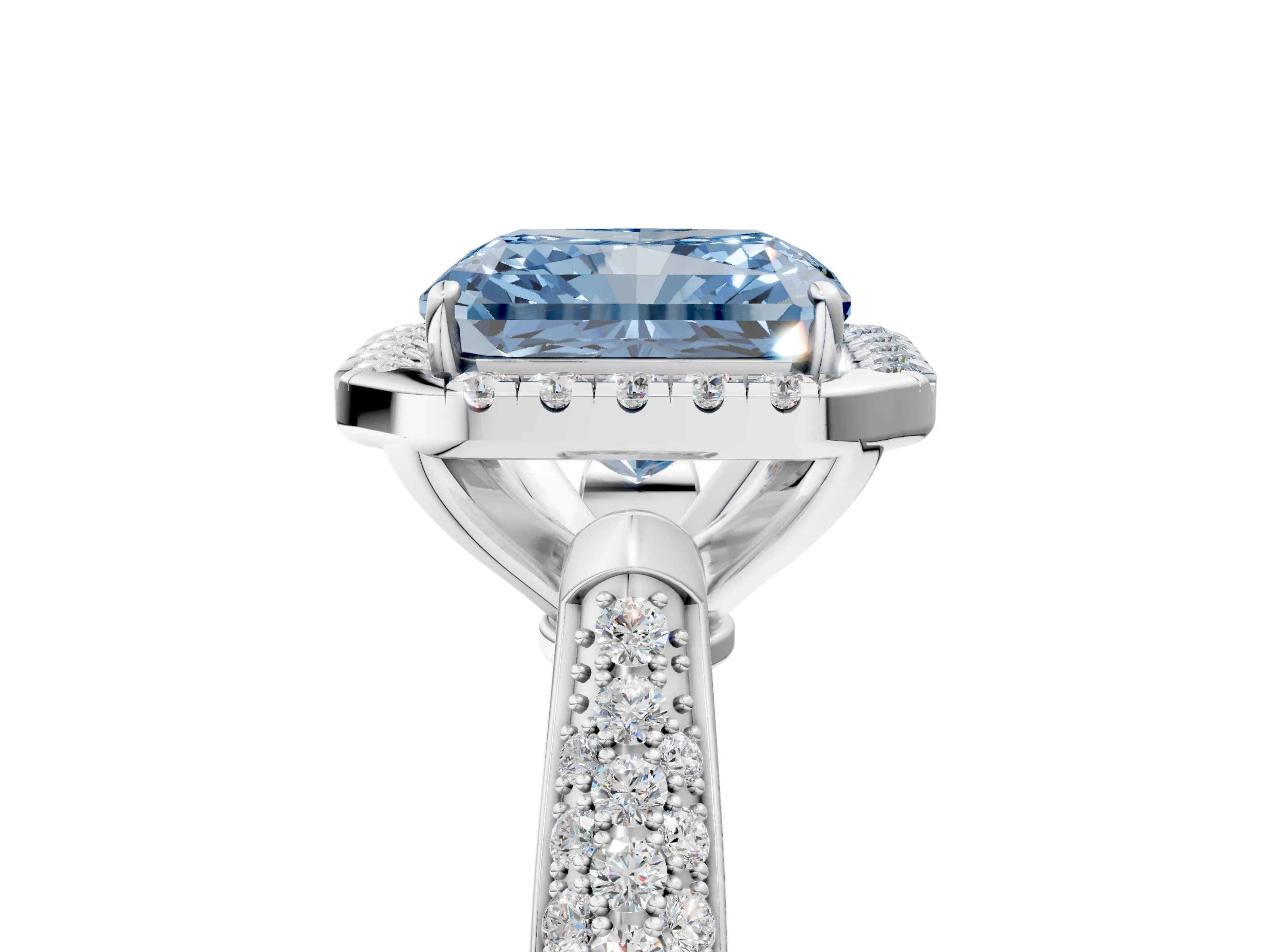 White gold Fancy Blue Radiant Cut Halo Diamond Ring with Pavé Band_41