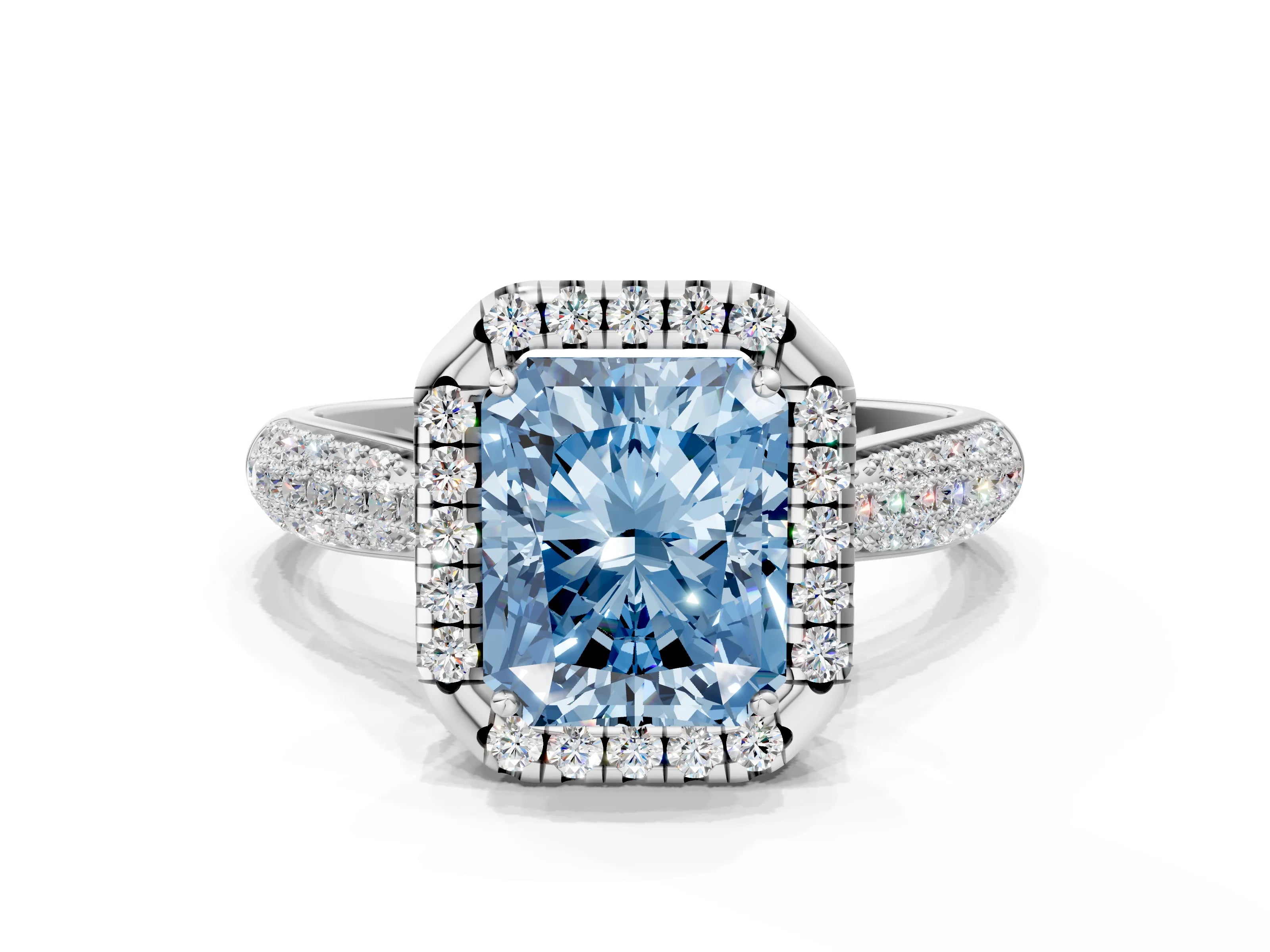 White gold Fancy Blue Radiant Cut Halo Diamond Ring with Pavé Band