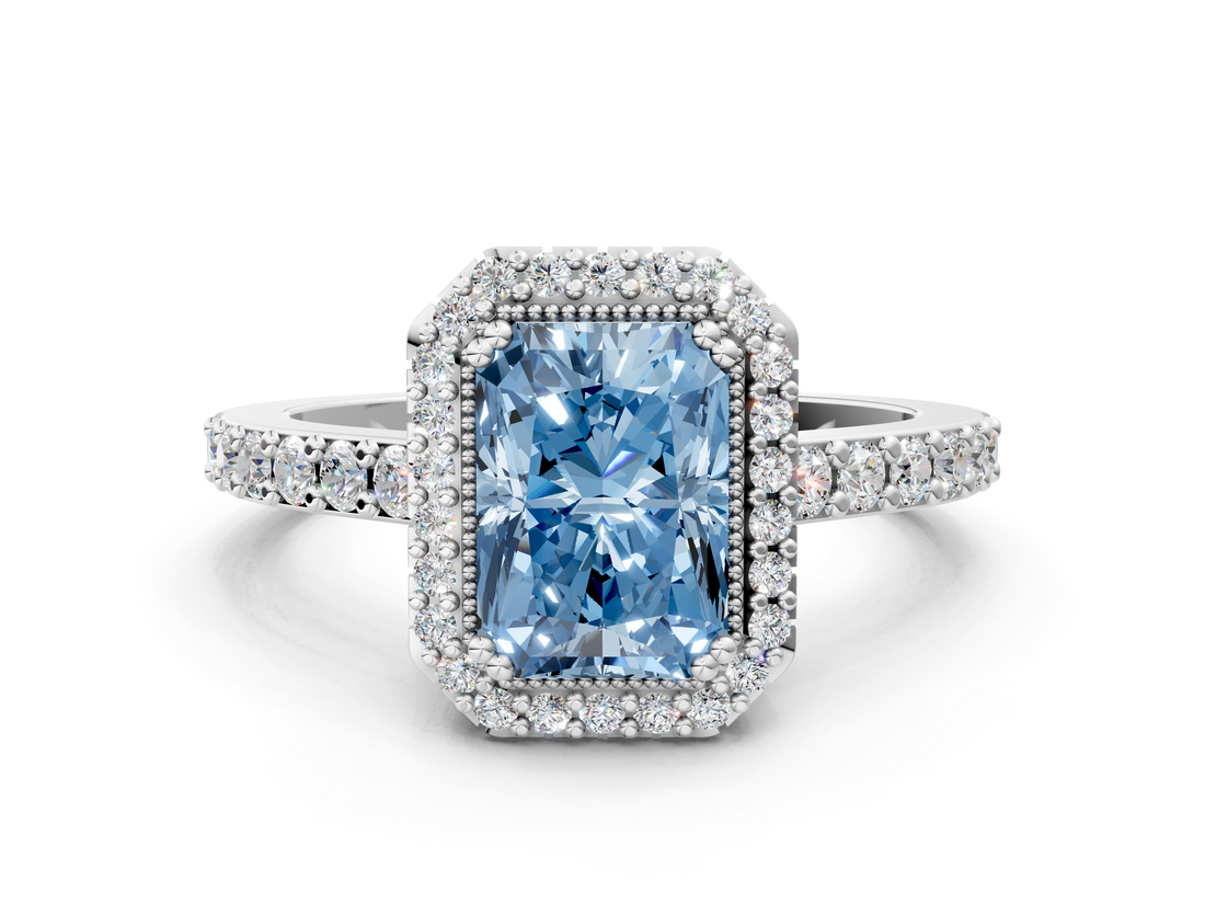 White gold Fancy Blue Radiant  Cut Halo Diamond Ring with Pave Band and Four-Prong Setting_22