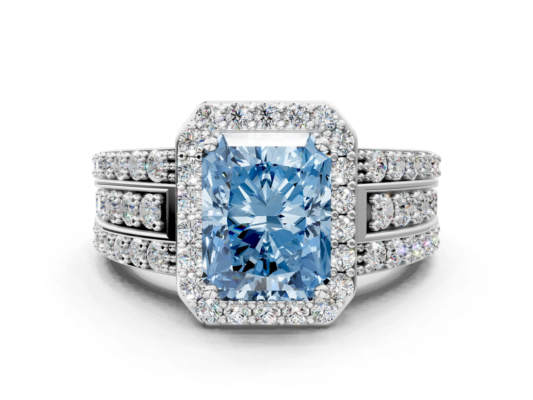 White gold Fancy Blue Radiant Cut Halo Diamond Ring with Round  Split Shank and Prong Setting_112