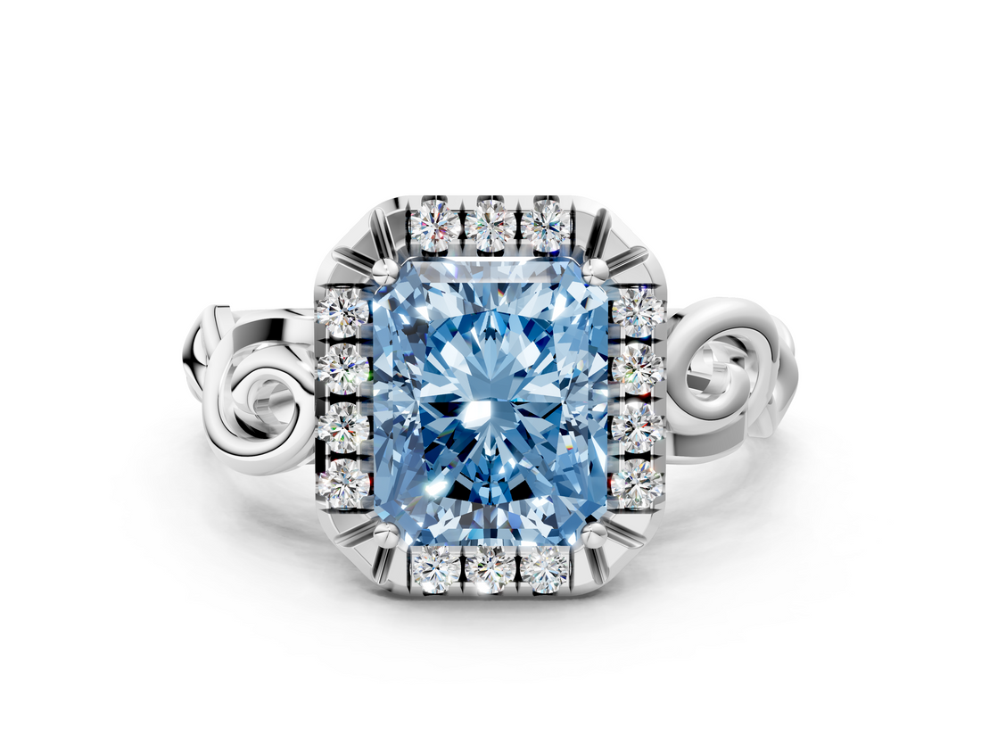 White gold Fancy Blue Radiant  Cut Halo Diamond Ring with Scrollwork Band and Four-Prong Setting_46