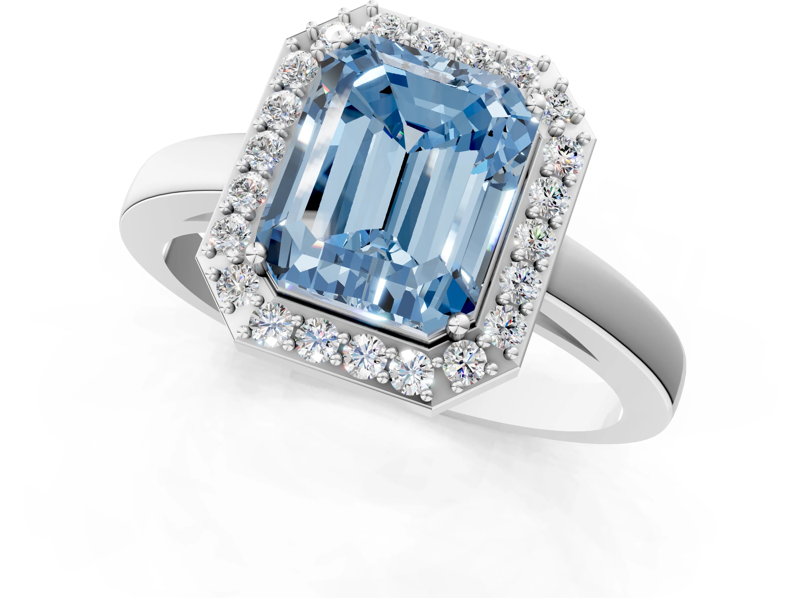 White gold Fancy Blue Radiant Cut Halo Diamond Ring with Solitaire Band and Prong Setting_1