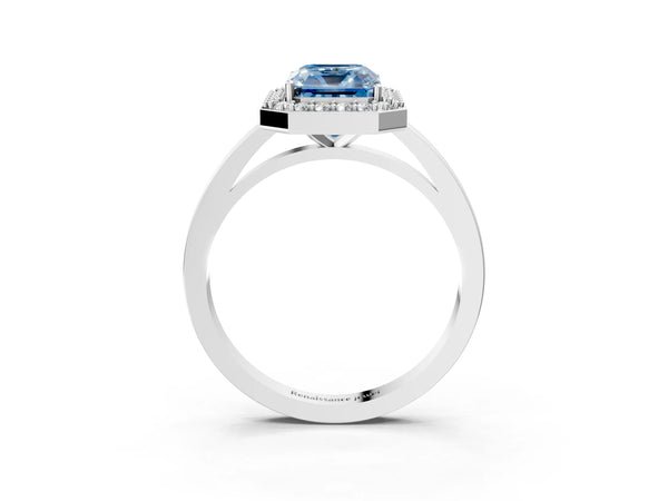 White gold Fancy Blue Radiant Cut Halo Diamond Ring with Solitaire Band and Prong Setting