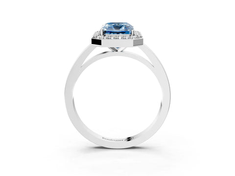 White gold Fancy Blue Radiant Cut Halo Diamond Ring with Solitaire Band and Prong Setting_3