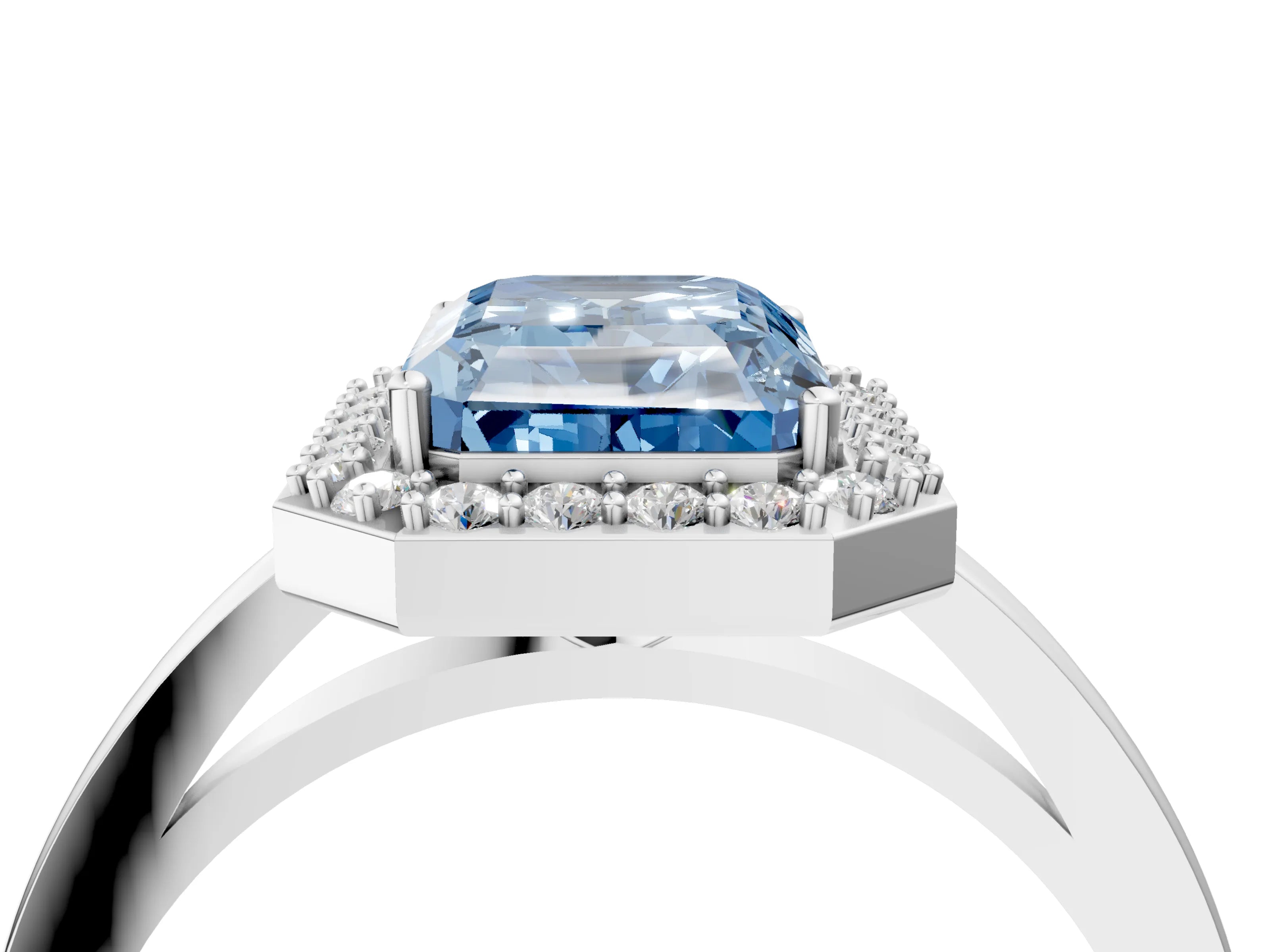 White gold Fancy Blue Radiant Cut Halo Diamond Ring with Solitaire Band and Prong Setting_4