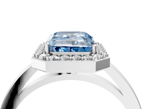 White gold Fancy Blue Radiant Cut Halo Diamond Ring with Solitaire Band and Prong Setting_4