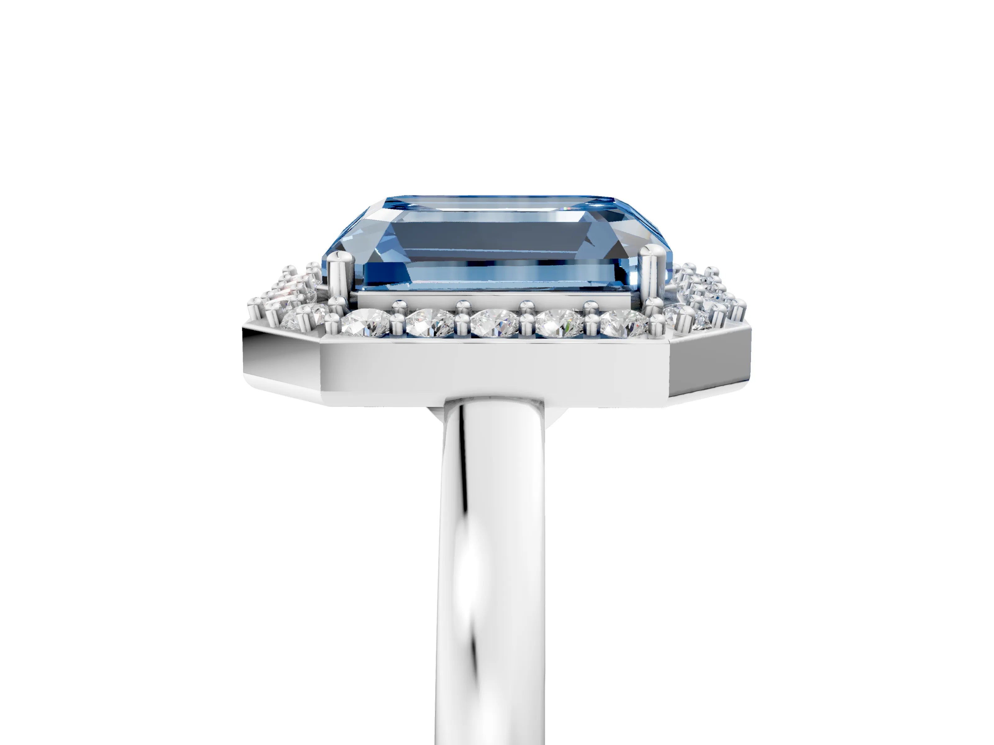 White gold Fancy Blue Radiant Cut Halo Diamond Ring with Solitaire Band and Prong Setting_5