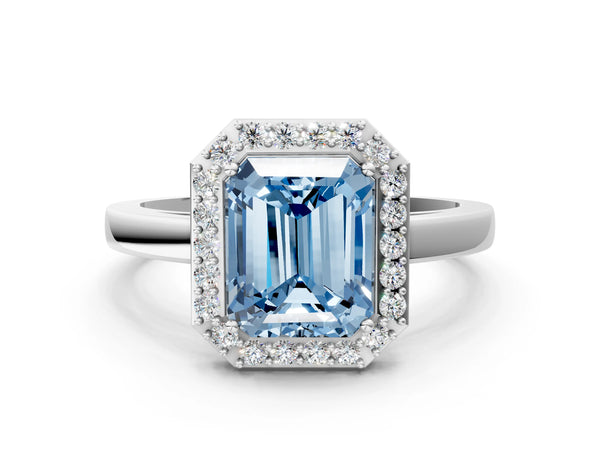 White gold Fancy Blue Radiant Cut Halo Diamond Ring with Solitaire Band and Prong Setting