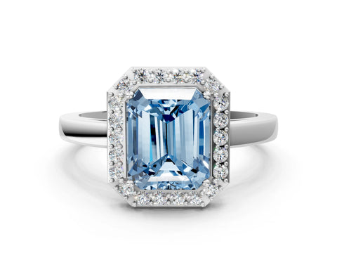 White gold Fancy Blue Radiant Cut Halo Diamond Ring with Solitaire Band and Prong Setting