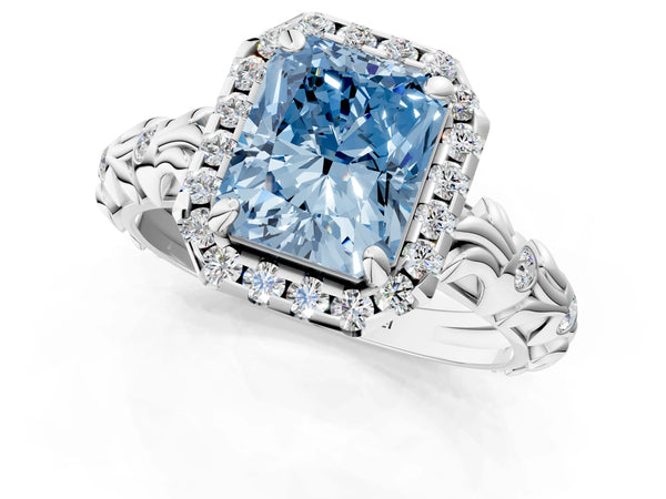 White gold Fancy Blue Radiant Cut Halo Diamond Solitaire with Filigree Band and Four-Prong Setting