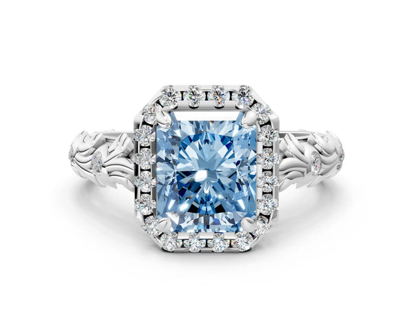 White gold Fancy Blue Radiant Cut Halo Diamond Solitaire with Filigree Band and Four-Prong Setting