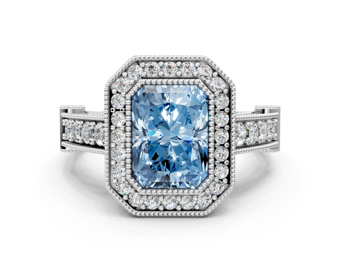 White gold Fancy Blue Radiant Cut Halo Diamond Split Shank Pave Ring_6