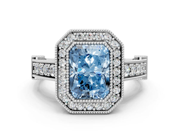 White gold Fancy Blue Radiant Cut Halo Diamond Split Shank Pave Ring