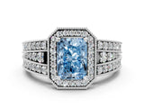 White gold Fancy Blue Radiant Cut Halo Diamond Split Shank Ring with Prong Setting_6