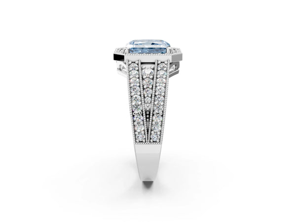 White gold Fancy Blue Radiant Cut Halo Diamond Split Shank Ring with Prong Setting