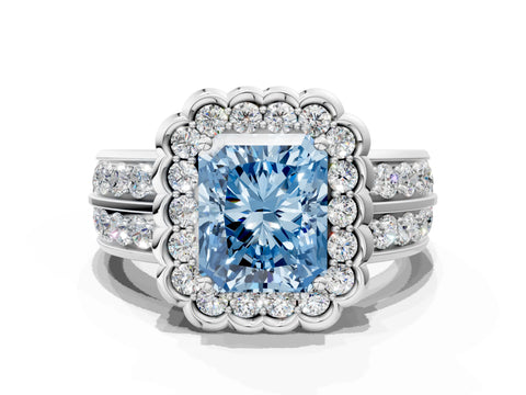 White gold Fancy Blue Radiant Cut Halo Diamond Split Shank Ring with Scalloped Prong Setting_12