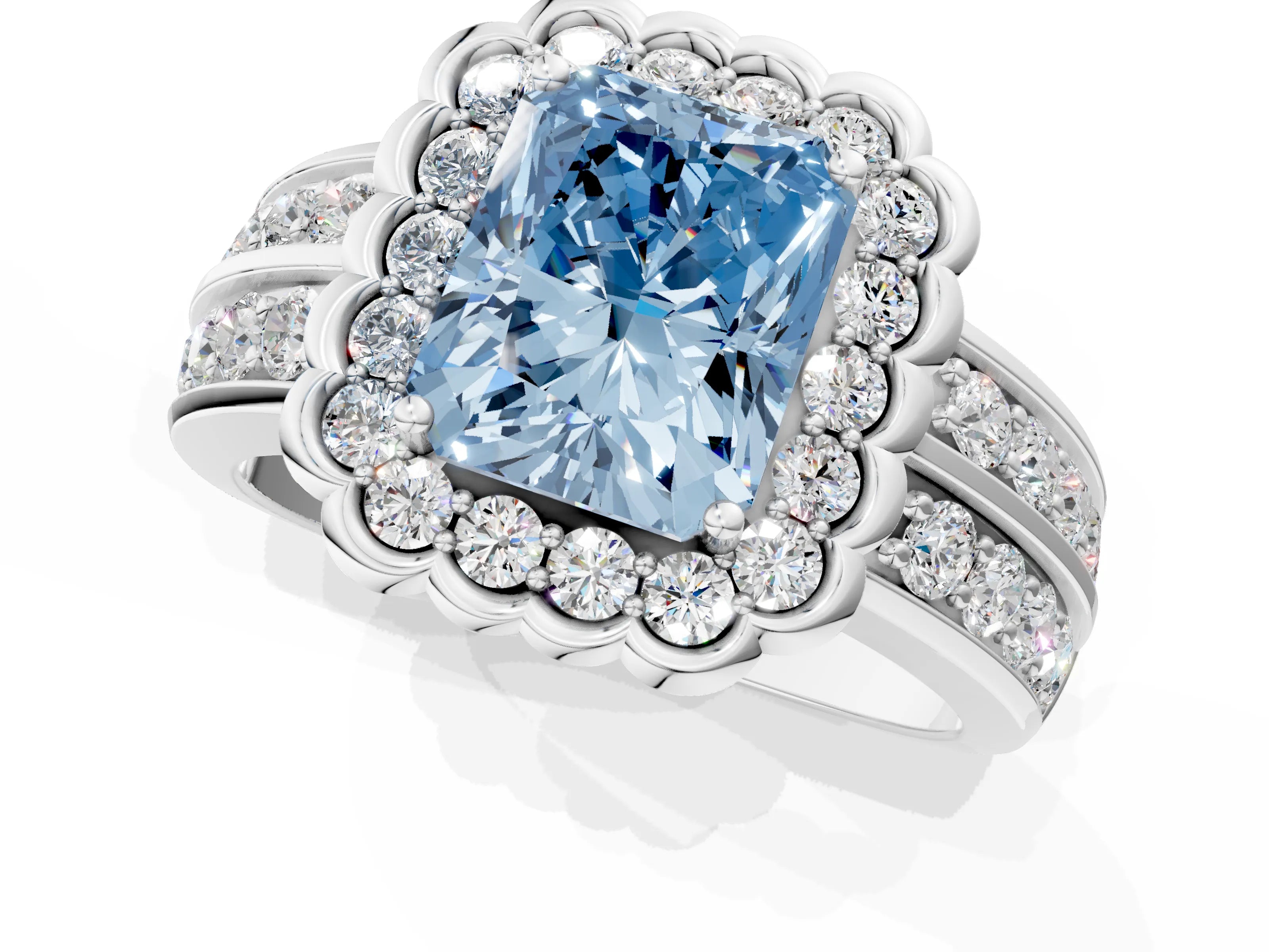 White gold Fancy Blue Radiant Cut Halo Diamond Split Shank Ring with Scalloped Prong Setting_13