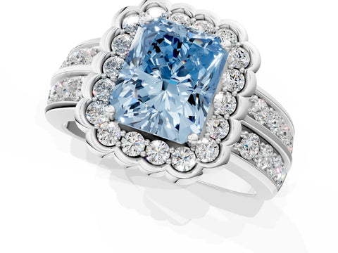 White gold Fancy Blue Radiant Cut Halo Diamond Split Shank Ring with Scalloped Prong Setting_13