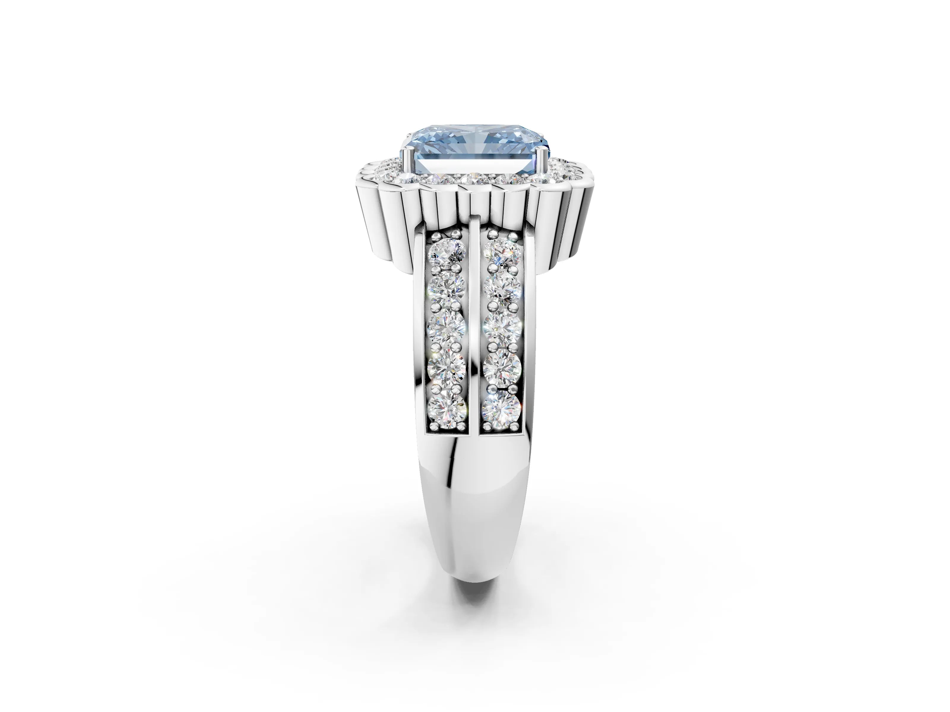 White gold Fancy Blue Radiant Cut Halo Diamond Split Shank Ring with Scalloped Prong Setting_14