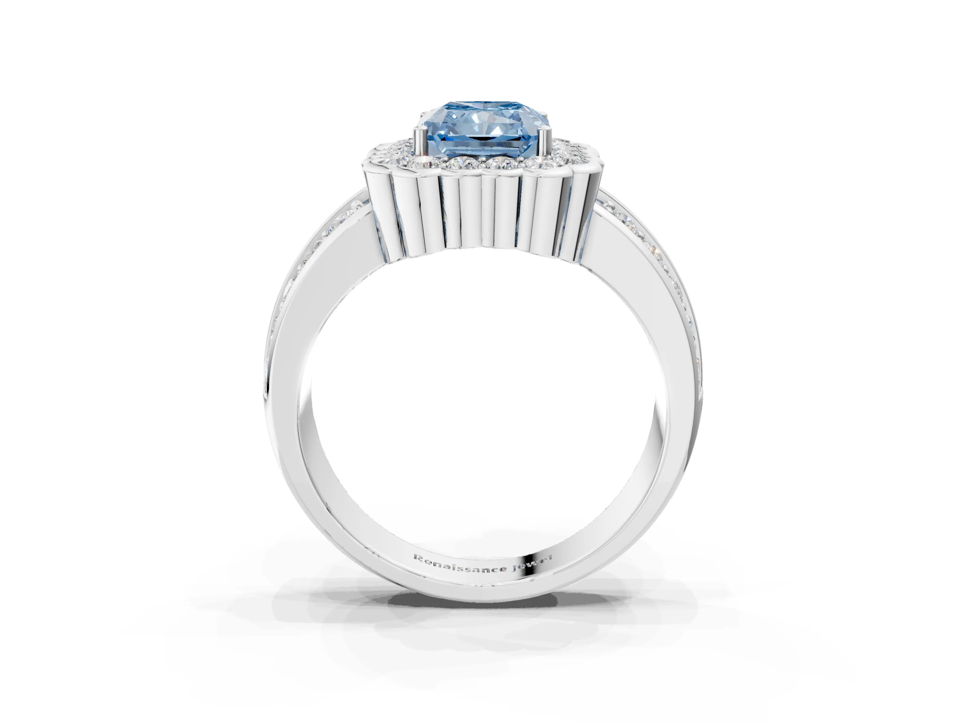 White gold Fancy Blue Radiant Cut Halo Diamond Split Shank Ring with Scalloped Prong Setting_15