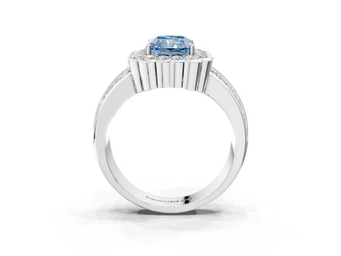 White gold Fancy Blue Radiant Cut Halo Diamond Split Shank Ring with Scalloped Prong Setting_15