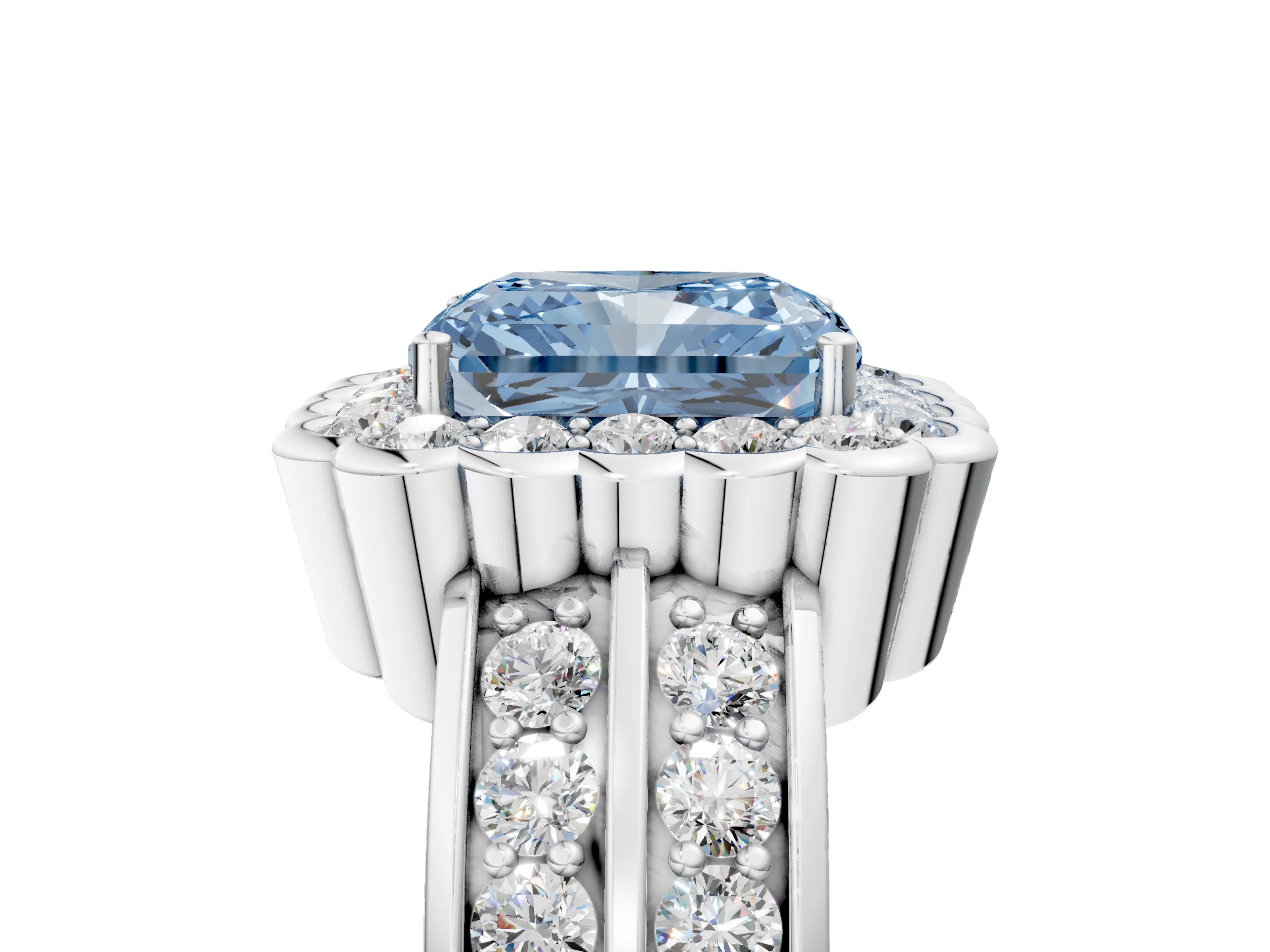 White gold Fancy Blue Radiant Cut Halo Diamond Split Shank Ring with Scalloped Prong Setting_17