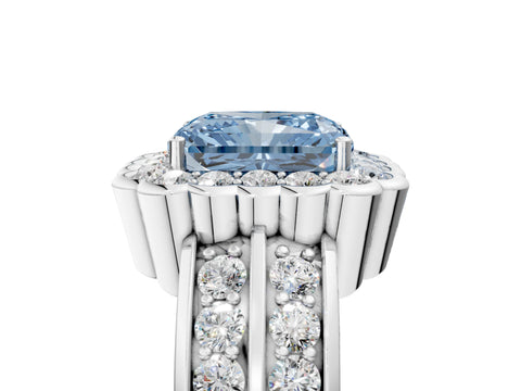 White gold Fancy Blue Radiant Cut Halo Diamond Split Shank Ring with Scalloped Prong Setting_17