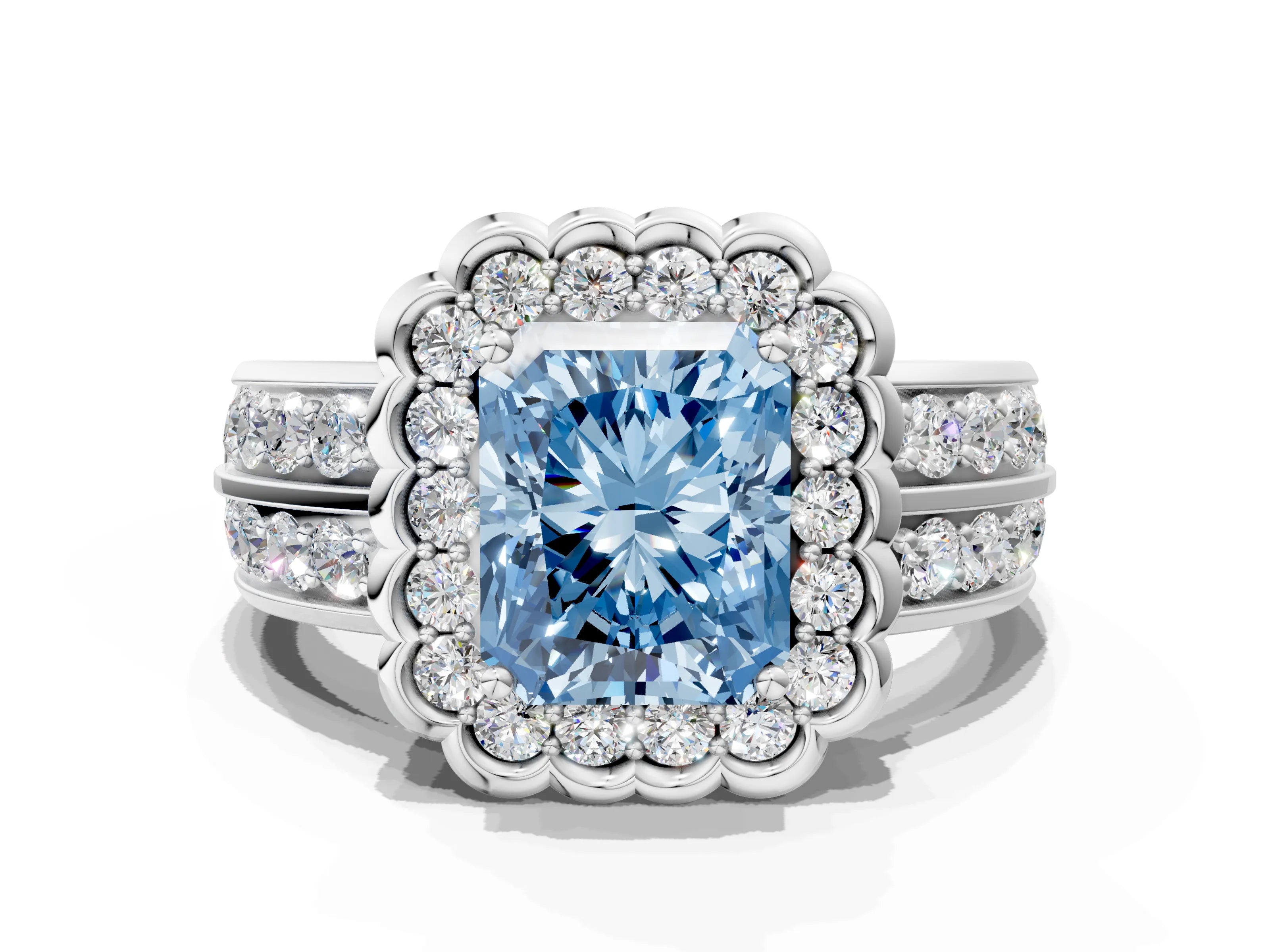 White gold Fancy Blue Radiant Cut Halo Diamond Split Shank Ring with Scalloped Prong Setting_1