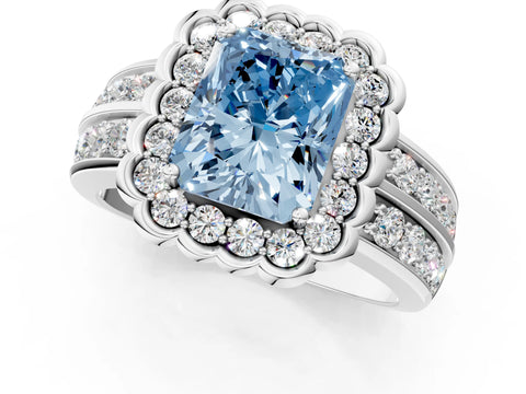 White gold Fancy Blue Radiant Cut Halo Diamond Split Shank Ring with Scalloped Prong Setting_1