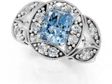 White gold Fancy Blue Radiant Cut Halo Milgrain Diamond Engagement Ring with Leaf Band and Four-Prong Setting_1