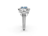 White gold Fancy Blue Radiant Cut Halo Milgrain Diamond Engagement Ring with Leaf Band and Four-Prong Setting_2