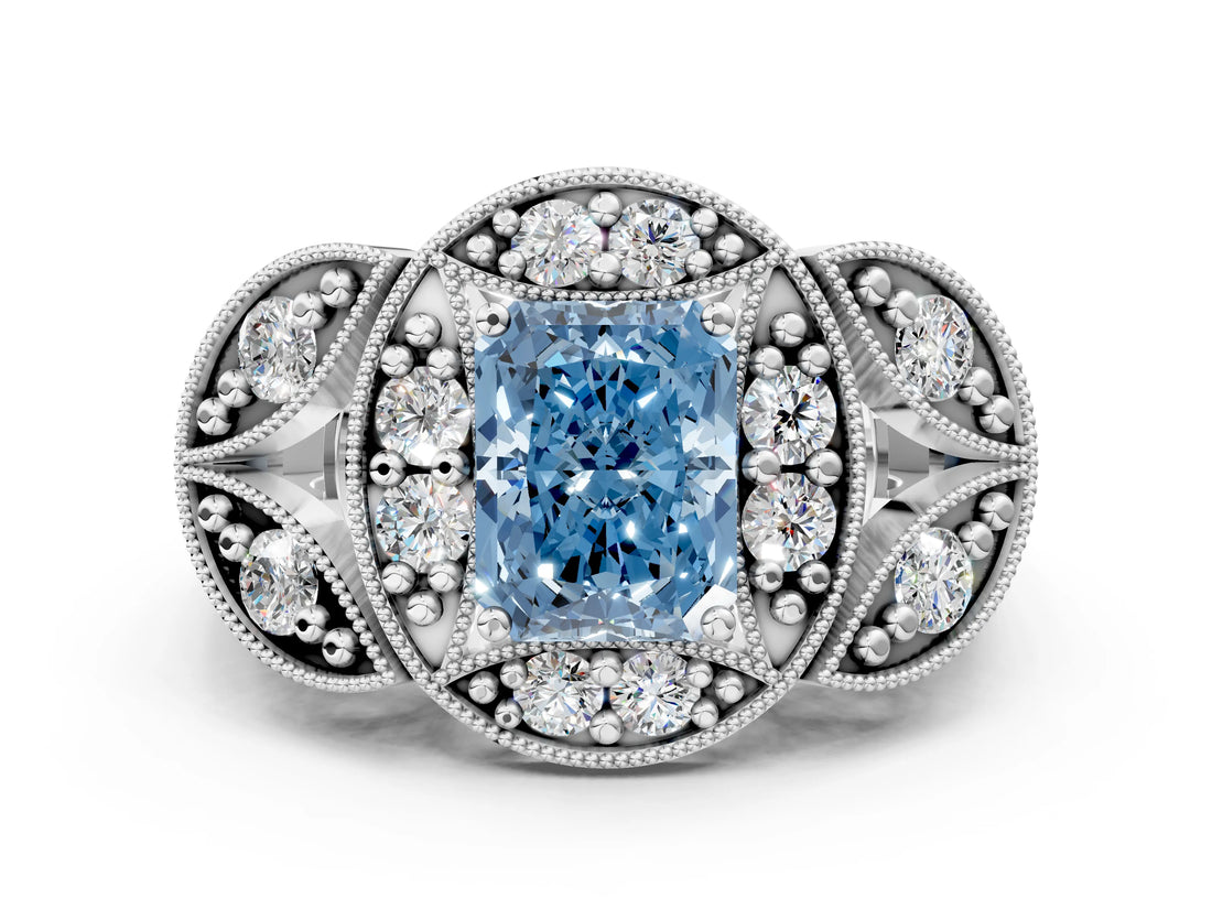 White gold Fancy Blue Radiant Cut Halo Milgrain Diamond Engagement Ring with Leaf Band and Four-Prong Setting