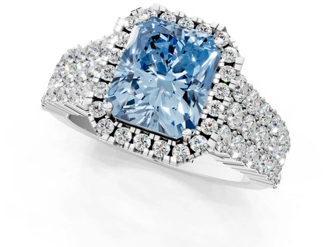 White gold Fancy Blue Radiant Cut Halo Pavé Diamond Engagement Ring with Split Shank and Four-Prong Setting_4