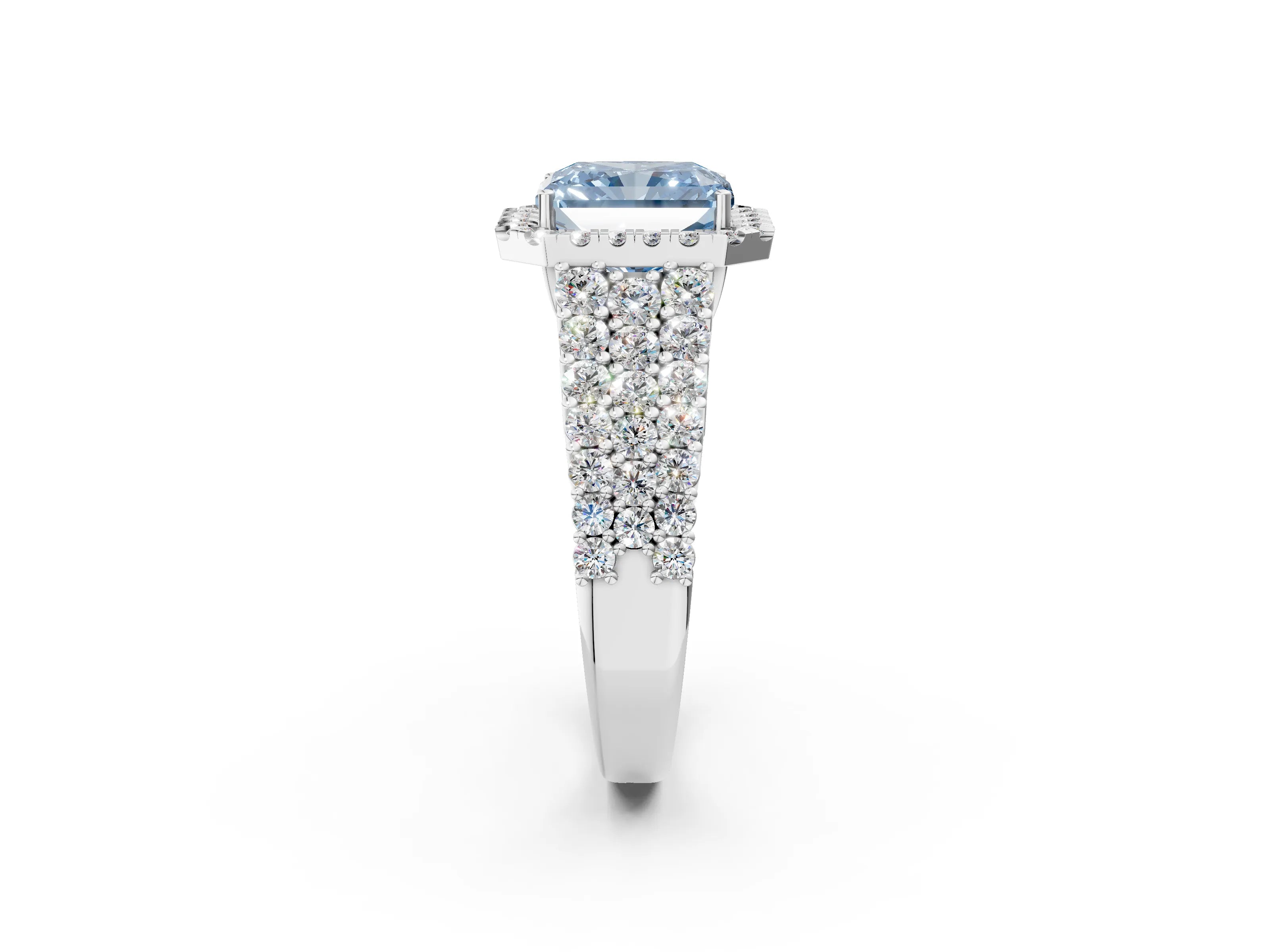 White gold Fancy Blue Radiant Cut Halo Pavé Diamond Engagement Ring with Split Shank and Four-Prong Setting_5