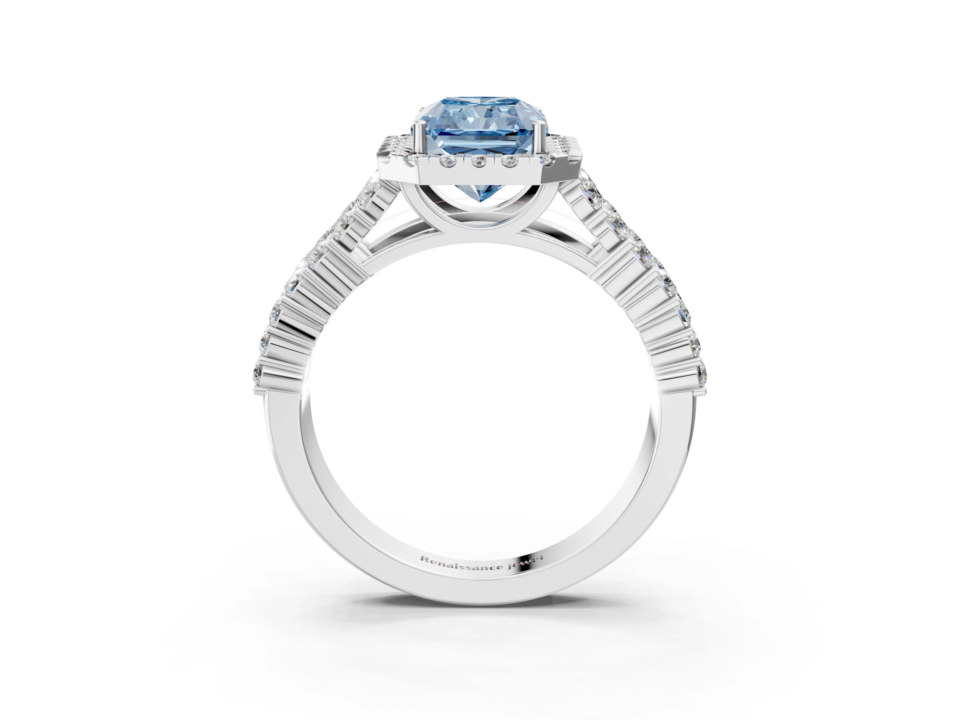 White gold Fancy Blue Radiant Cut Halo Pavé Diamond Engagement Ring with Split Shank and Four-Prong Setting_6