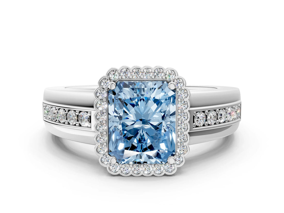 White gold Fancy Blue Radiant  Cut Halo Pave Band Four-Prong Ring_49