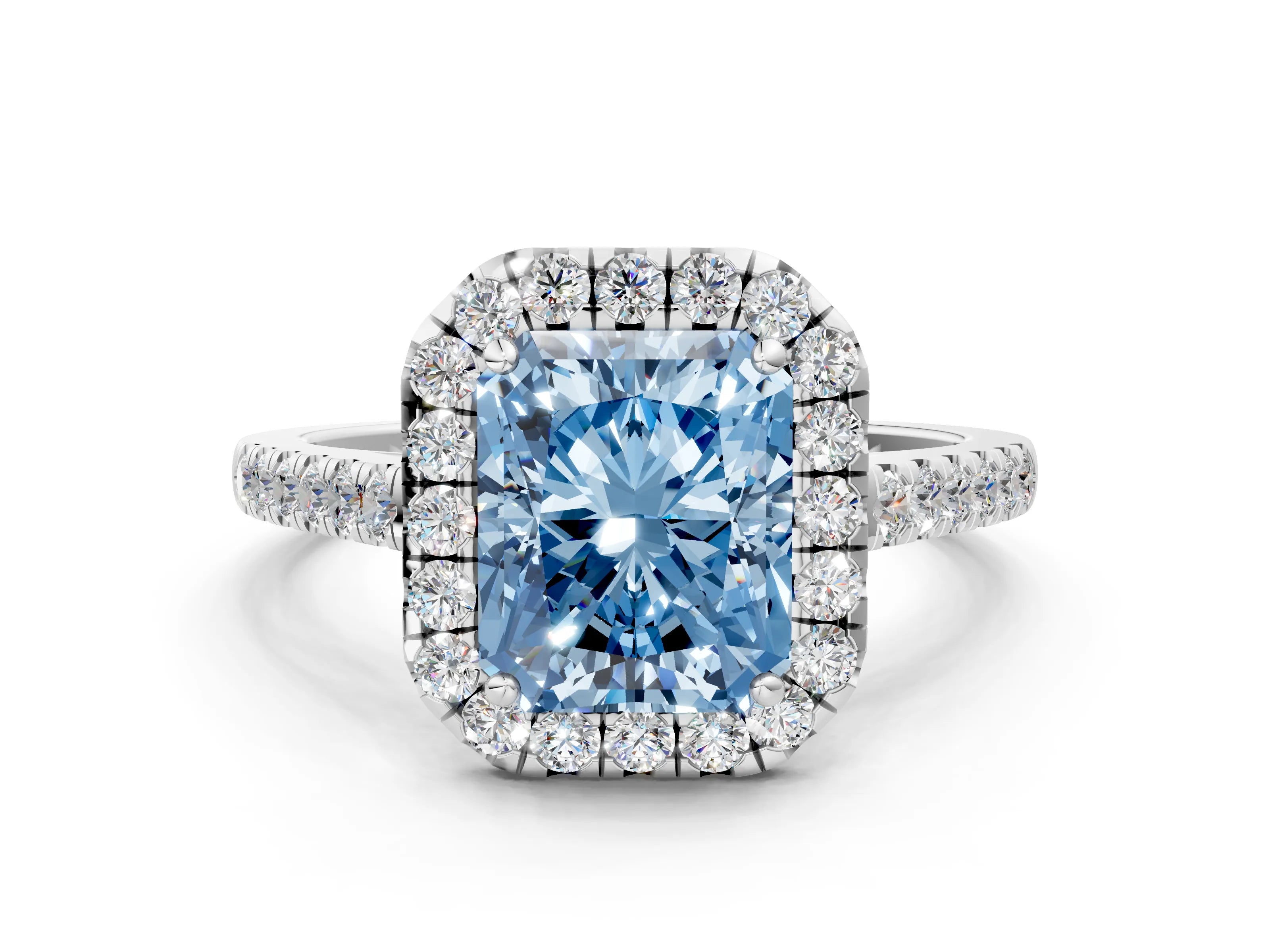 White gold Fancy Blue Radiant Cut Halo Pave Diamond Engagement Ring with Four-Prong Setting_12