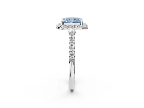 White gold Fancy Blue Radiant Cut Halo Pave Diamond Engagement Ring with Four-Prong Setting