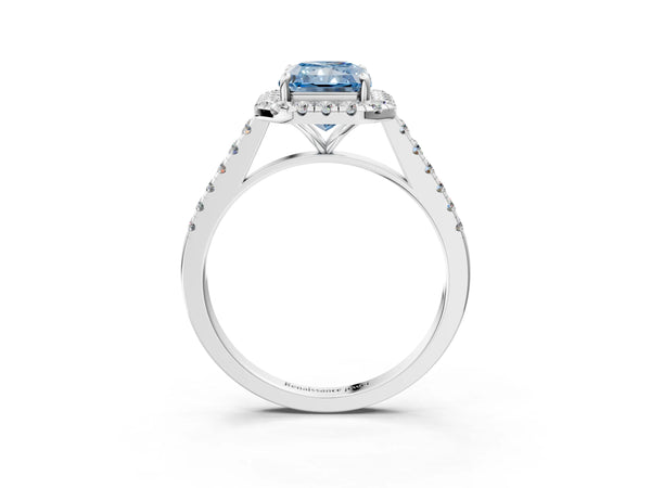 White gold Fancy Blue Radiant Cut Halo Pave Diamond Engagement Ring with Four-Prong Setting