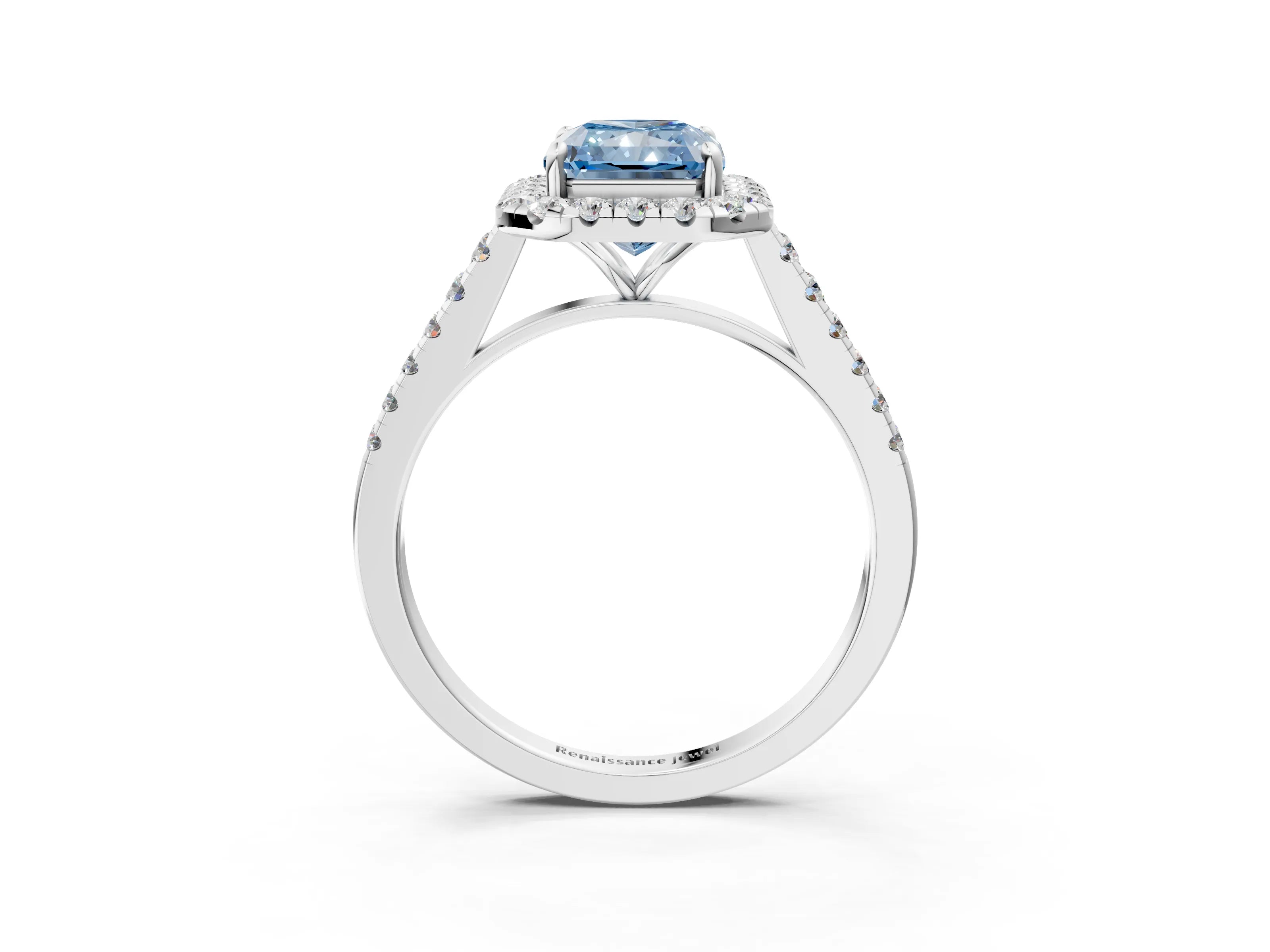 White gold Fancy Blue Radiant Cut Halo Pave Diamond Engagement Ring with Four-Prong Setting_15
