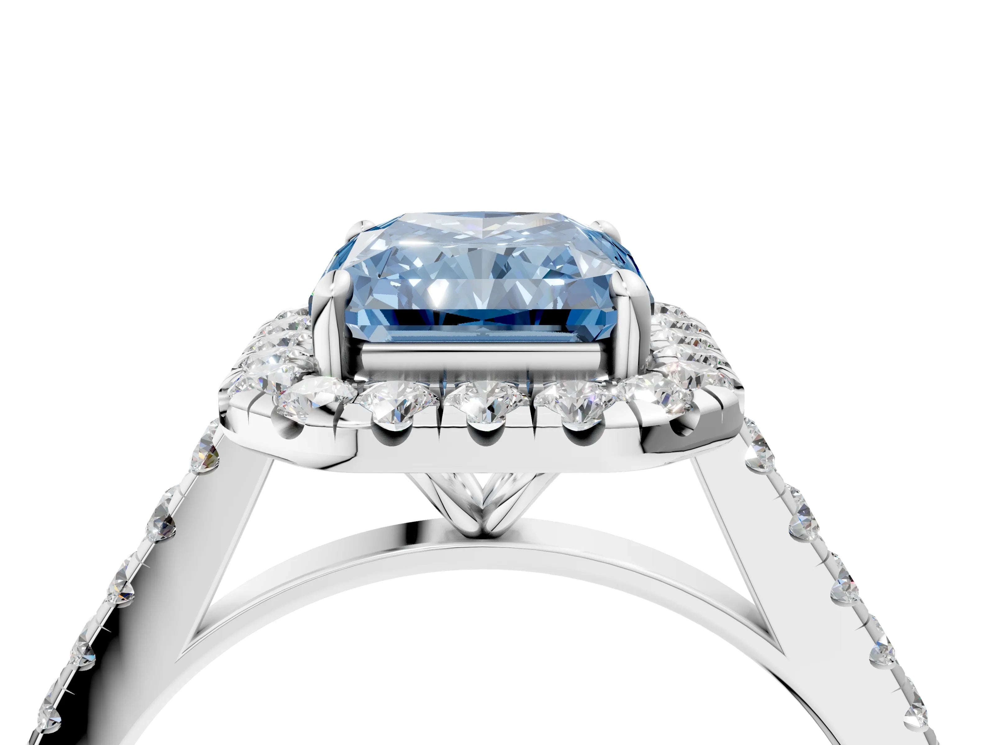 White gold Fancy Blue Radiant Cut Halo Pave Diamond Engagement Ring with Four-Prong Setting_16