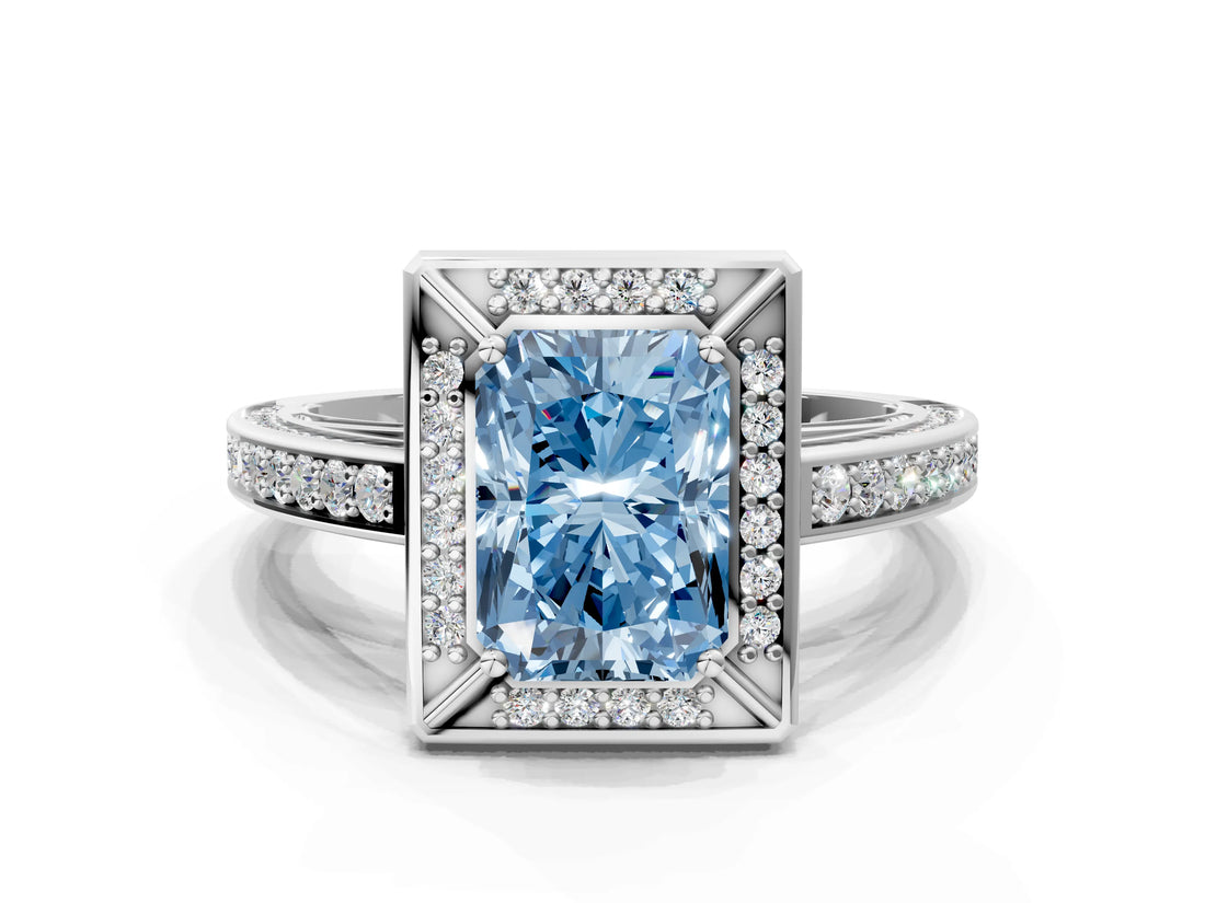 White gold Fancy Blue Radiant  Cut Halo Pave Split Shank Prong Setting Ring_32
