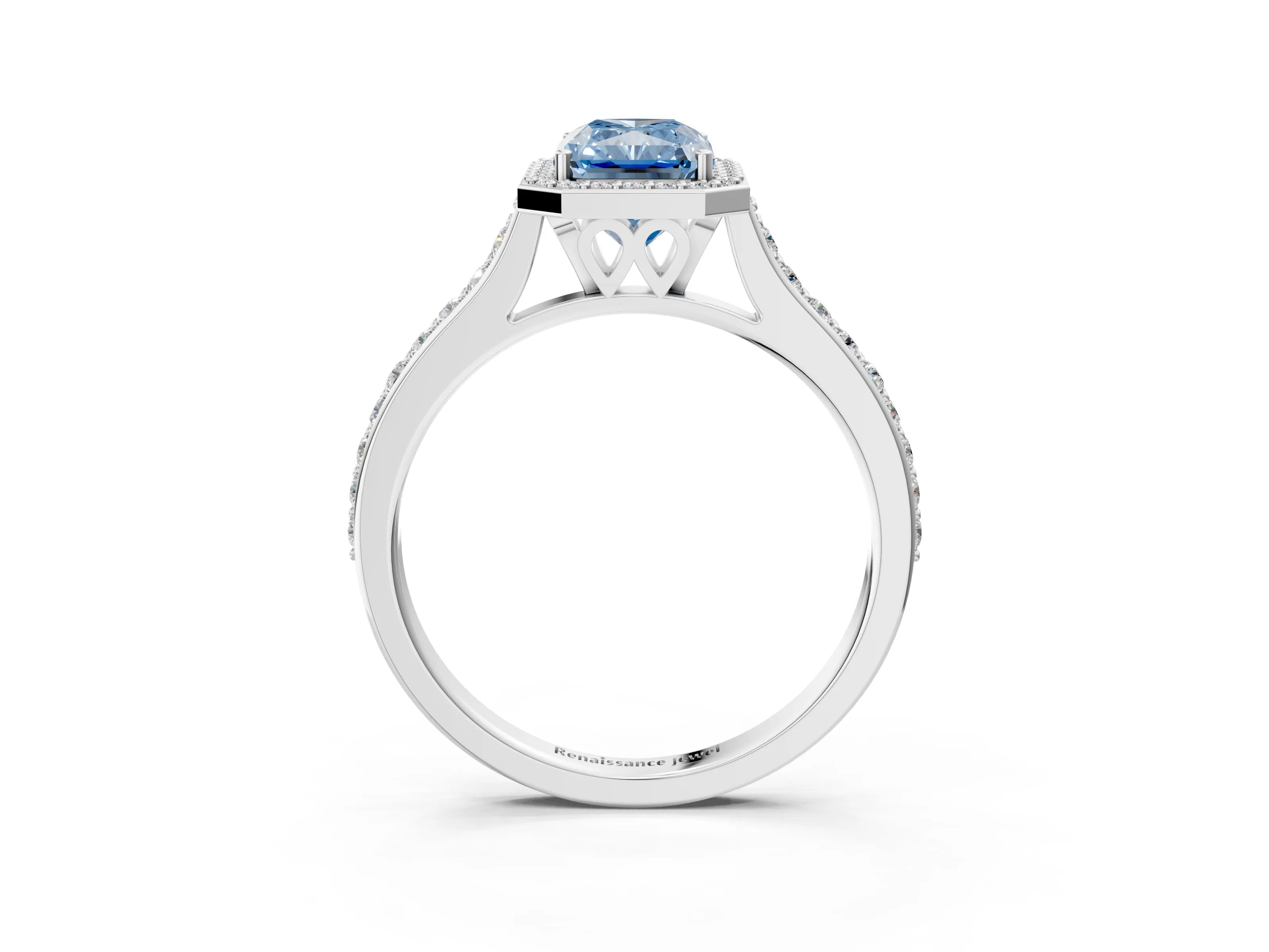 White gold Fancy Blue Radiant Cut Halo Round Diamond Pavé Band with Four-Prong Setting_18