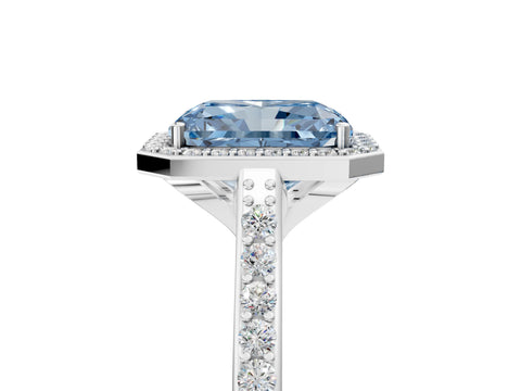 White gold Fancy Blue Radiant Cut Halo Round Diamond Pavé Band with Four-Prong Setting_20