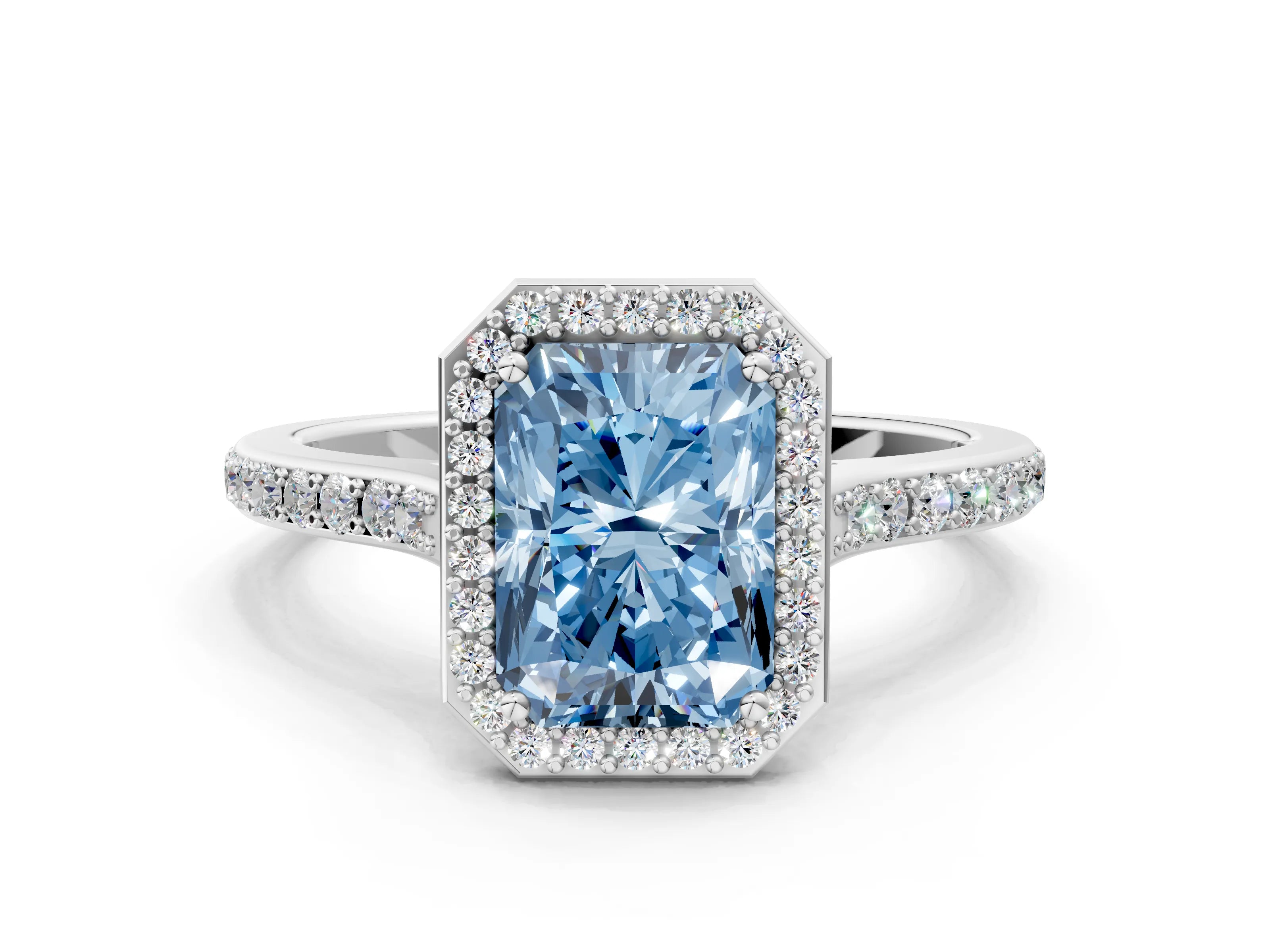 White gold Fancy Blue Radiant Cut Halo Round Diamond Pavé Band with Four-Prong Setting_21