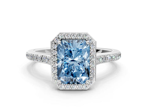 White gold Fancy Blue Radiant Cut Halo Round Diamond Pavé Band with Four-Prong Setting_21